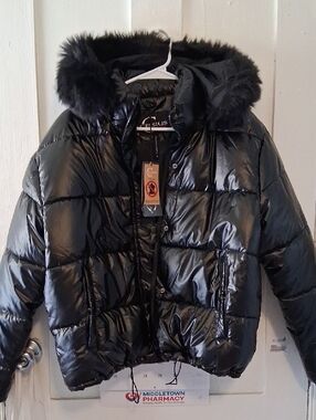 Womens Celsius Black Puffer Jacket with Faux Fur Hood Size Med, NWT